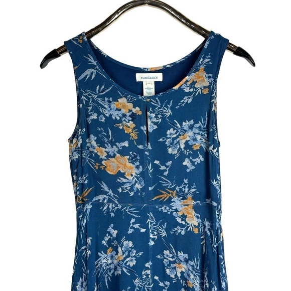 SUNDANCE ON THE BREEZE BLUE FLORAL VISCOSE SLEEVELESS SHARK BITE HEM MAXI DRESS - Picture 4 of 12